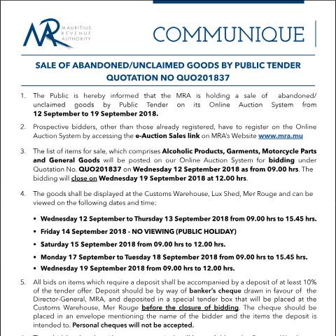 Document preview: Sale of Abandoned / Unclaimed Goods by Public Tender (12.09.18) — Form, Mauritius (CERFA n°Communique37of2018)