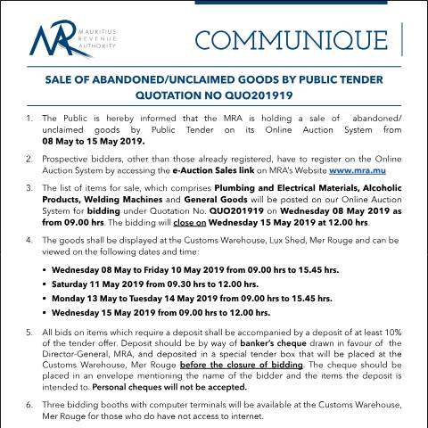 Document preview: Sale of Abandoned / Unclaimed Goods by Public Tender (08.05.19) — Form, Mauritius (CERFA n°Communique19of2019)