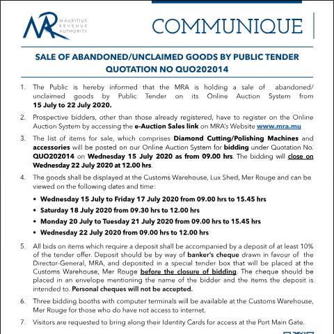 Document preview: Sale of Abandoned / Unclaimed Goods by Public Tender (14.07.20) — Form, Mauritius (CERFA n°CommuniqueQ202014)