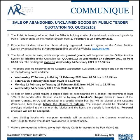 Document preview: Sale of Abandoned / Unclaimed Goods by Public Tender (18.02.21) — Form, Mauritius (CERFA n°CommuniqueQ202102)