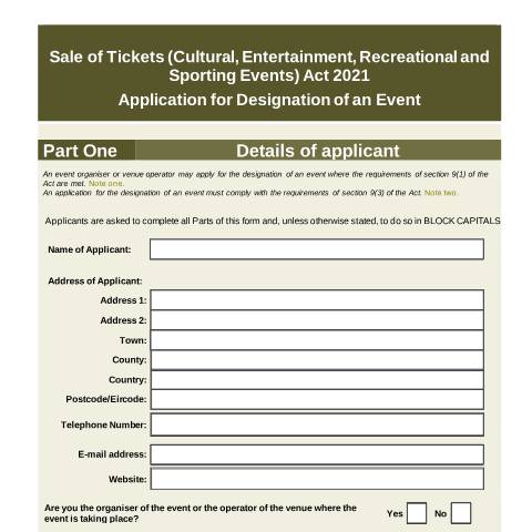 Document preview: Sale of Tickets Act 2021 and Designation Applications — application form for designation of an event — Department of Enterprise, Tourism and Employment, Ireland