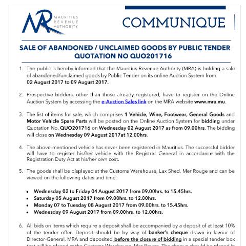 Document preview: Sale of Abandoned / Unclaimed Goods by Public Tender (01.08.17) — Form, Mauritius (CERFA n°CommuniqueQ16of2017)