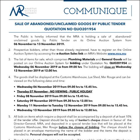 Document preview: Sale of Abandoned / Unclaimed Goods by Public Tender (06.11.19) — Form, Mauritius (CERFA n°Communique54of2019)