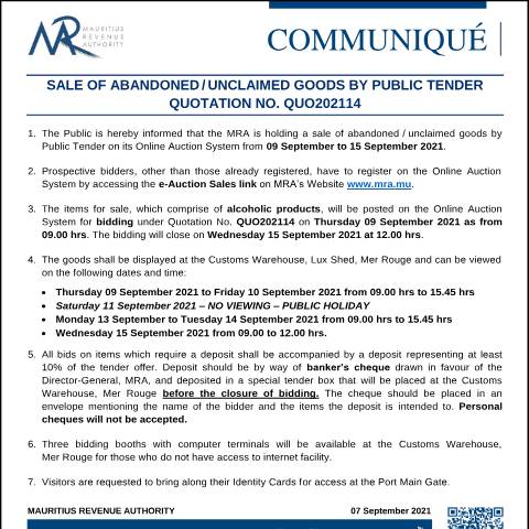 Document preview: Sale of Abandoned / Unclaimed Goods by Public Tender - Quotation 14 (08.09.21) — Form, Mauritius (CERFA n°CommuniqueQUO202114)