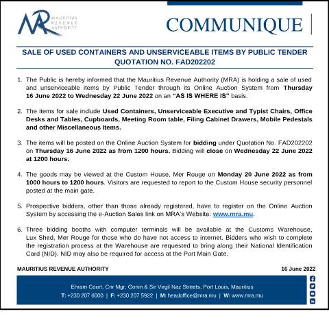 Document preview: Sale of Used Containers and Unserviceable Items by Public Tender (16.06.22) — Notice / Circular, Mauritius (CERFA n°Communique160622)