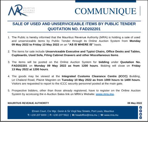 Document preview: Sale of used and unserviceable items by Public Tender (06.05.22) — Notice / Circular, Mauritius (CERFA n°Communique060522)