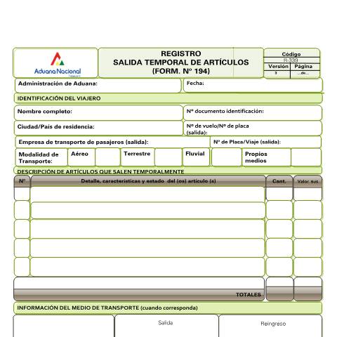 Vista previa del documento Salida Temporal de Artículos — Formularios Aduana Nacional, Bolivia (CERFA n°R-339)