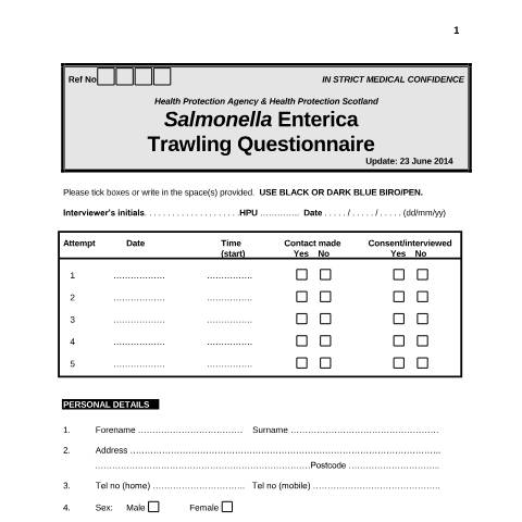Document preview: Salmonella enterica questionnaire — UK Health Security Agency, United Kingdom