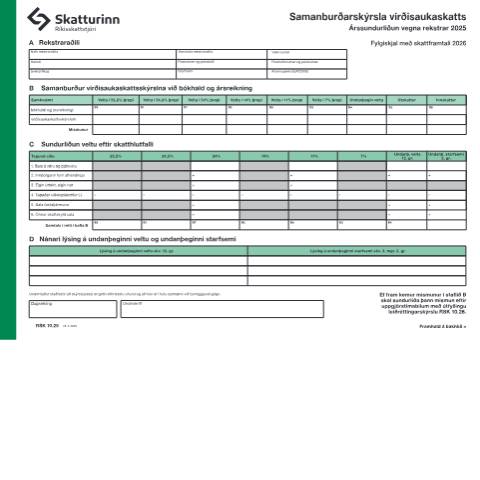 Document preview: Samanburðarskýrsla virðisaukaskatts, árssundurliðun vegna rekstrar 2025, fylgiskjal með skattframtali 2026. — Einstaklingar, Ísland (CERFA n°RSK 10.25)