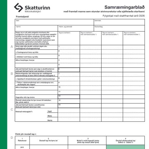 Document preview: Samræmingarblað, fylgiskjal með skattframtali árið 2026. — Einstaklingar, Ísland (CERFA n°RSK 4.05)