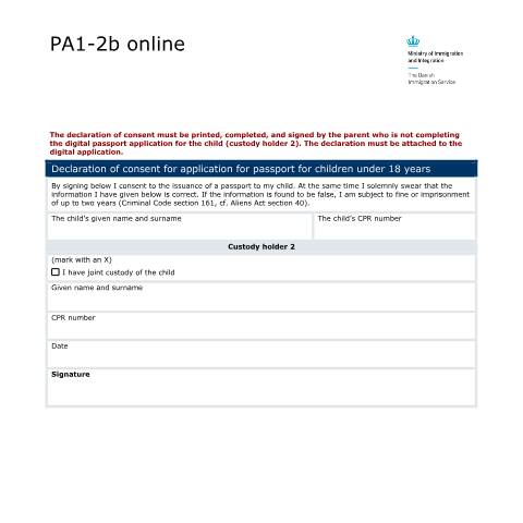 Document preview: Declaration of consent for application for passport for children under 18 years — Immigration Service / Application forms – The Danish Immigration Service, Danmark