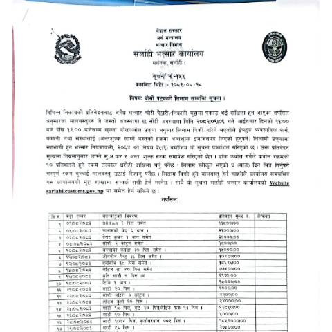 Document preview: सर्लाही भन्सार कार्यालयको मालसामान लिलाम सम्बन्धी सूचना- २०८२-०८-२८ — customs, नेपाल (CERFA n°सर्लाही भन्सार कार्यालयको मालसामान लिलाम सम्बन्धी सूचना  २०८२ ०८ २८ vbtld8o)