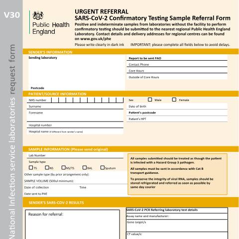 Document preview: V30 SARS-CoV-2 confirmatory testing sample referral form — Public Health England, United Kingdom