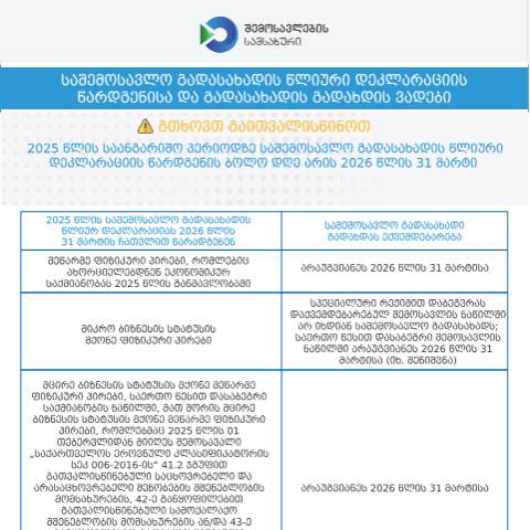 Document preview: საშემოსავლო გადასახადის წლიური დეკლარაციის წარდგენისა და გადასახადის გადახდის ვადები — Saშemosavlo (IRPP / impôt sur le revenu), საქართველო