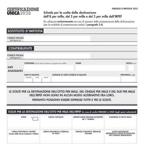 Anteprima documento Scelte dell’8, 5 e 2 per mille Irpef 2026 — Dichiarazioni, Italia