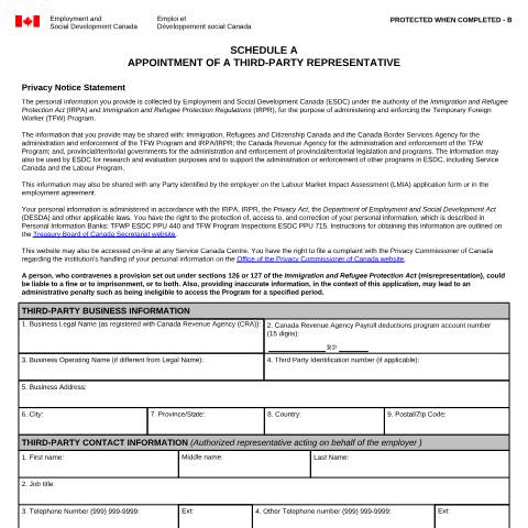 Document preview: SCHEDULE A APPOINTMENT OF A THIRD-PARTY REPRESENTATIVE — Foreign Worker Program, Canada (CERFA n°EMP5575)