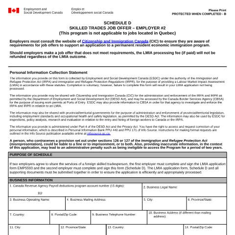 Document preview: Schedule D - Skilled Trades Job Offer - Employer #2 (This program is not applicable to jobs located in Quebec) — Foreign Worker Program, Canada (CERFA n°EMP5595)