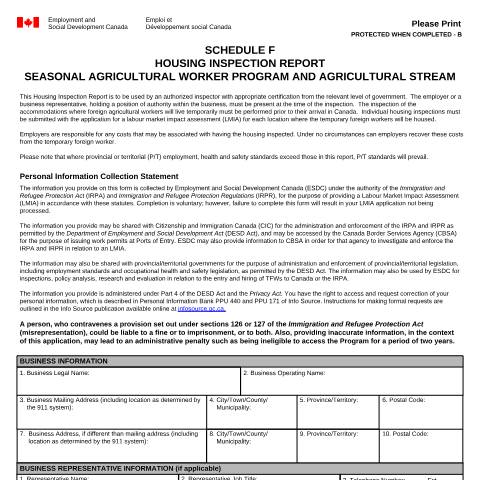Document preview: Schedule F - Housing Inspection Report — Foreign Worker Program, Canada (CERFA n°EMP5598)