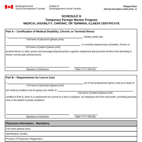 Document preview: Schedule H - Medical Disability, Chronic, or Terminal Illness Certificate — Foreign Worker Program, Canada (CERFA n°EMP5600)