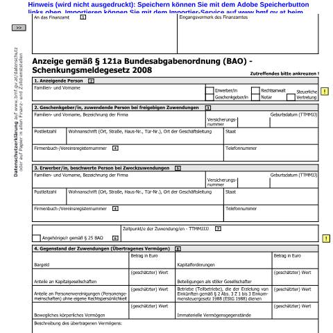 Dokumentvorschau: Schenk1 — Anzeige gemäß § 121a Bundesabgabenordnung (BAO) — Steuern, Österreich (CERFA n°Schenk1)