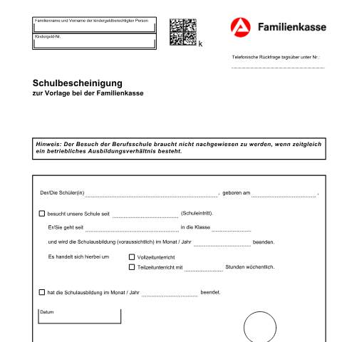 Dokumentvorschau: kg5a_ba031890 — Öffnet in neuem Tab Schulbescheinigung für das Kindergeld (KG 5a) Formular zur Vorlage bei der Familienkasse pdf | 1.24 MB | nicht barrierefrei — Familienkasse/kg5, Deutschland (CERFA n°kg5a_ba031890)