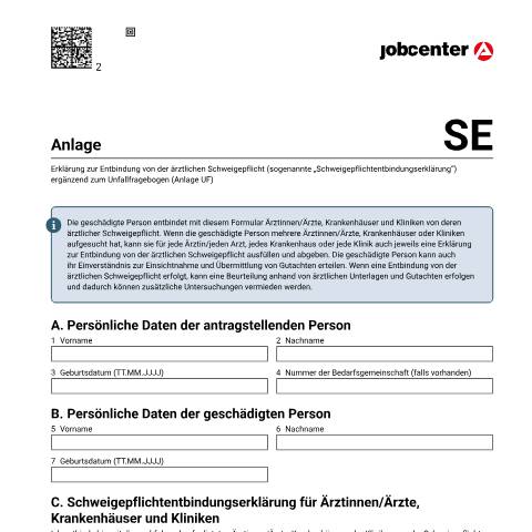 Dokumentvorschau: anlagese_ba032975 — Öffnet in neuem Tab Anlage Schweigepflichtentbindungserklärung (SE) Erklärung zur Entbindung von der ärztlichen Schweigepflicht ergänzend zum Unfallfragebogen (Anlage UF) pdf | 311.66 KB | barrierefrei — Familienkasse/anlagese, Deutschland (CERFA n°anlagese_ba032975)
