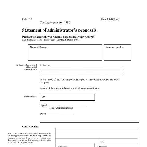 Document preview: Statement of administrator’s proposals: form 2.16B (Scotland) — The Insolvency Service, United Kingdom