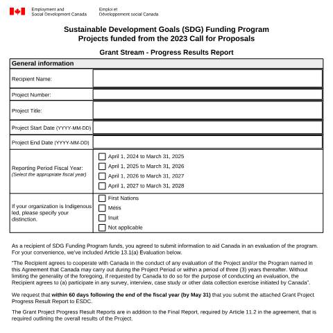 Document preview: Sustainable Development Goals (SDG) Funding Program Projects funded from the 2023 Call for Proposals Grant Stream - Progress Results Report — Employment and Social Development Canada, Canada (CERFA n°EMP5740)