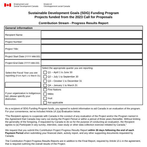 Document preview: Sustainable Development Goals (SDG) Funding Program: Contributions Stream Progress Results Report — Employment and Social Development Canada, Canada (CERFA n°EMP5739)
