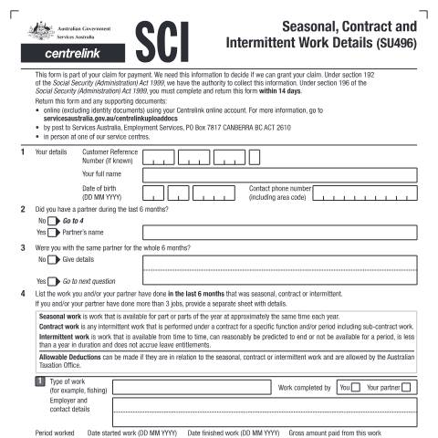 Document preview: Seasonal, Contract and Intermittent Work Details — Services Australia — Individuals (by code), Australia (CERFA n°SU496)