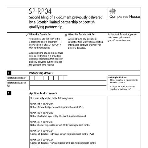 Document preview: File a second filing of a document previously delivered by a Scottish limited or qualifying partnership (SP RP04) — Companies House, United Kingdom