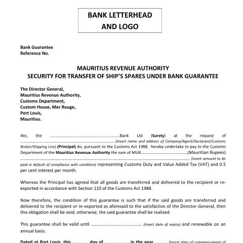 Document preview: Security for transfer of ship's spares under Bank Guarantee — Document, Mauritius (CERFA n°BankGuaranteeShipSpares)