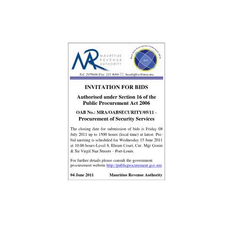 Document preview: Procurement of Security Services (04.06.2011) — Notice / Circular, Mauritius (CERFA n°CommuniqueBidsSecurity)