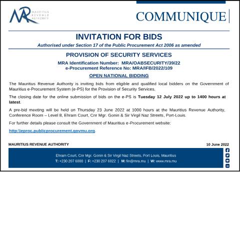 Document preview: Provision of Security Services (10.06.22) — Notice / Circular, Mauritius (CERFA n°Communique100622)