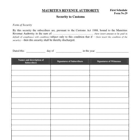 Document preview: Security to Customs — Document, Mauritius (CERFA n°Form29Security2Customs)