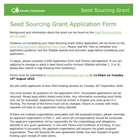 Document preview: Seed Sourcing Grant application form — Forestry Commission, United Kingdom