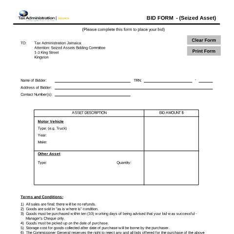 Document preview: Seized Assets Form — Form, Jamaica (CERFA n°amended+form+-+seized+asset+bid+form_taj)
