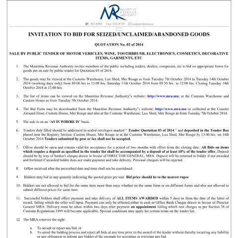 Document preview: Invitation to Bid - Quotation No.&nbsp;3 of 2014 (15.09.14) — Document, Mauritius (CERFA n°Bid_Q3of2014)