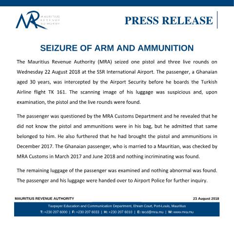 Document preview: Seizure of arm and ammunition (23.08.18) — Document, Mauritius (CERFA n°PressAmmunition)