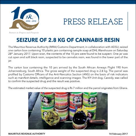 Document preview: Seizure of 2.8 Kg of Cannabis Resin (14.02.17) — Document, Mauritius (CERFA n°PressRelease140217)