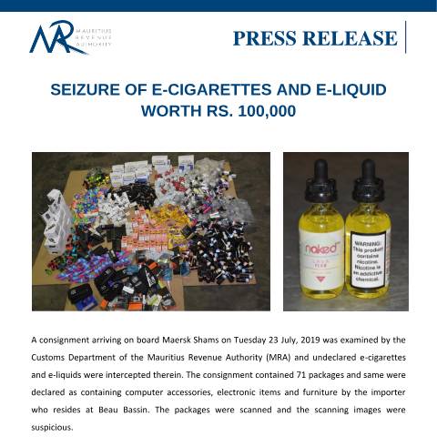 Document preview: Seizure of e-cigarettes and e-liquid worth Rs. 100, 000 — Document, Mauritius (CERFA n°SeizureOfecigarettesandeliquidworthRs100000)