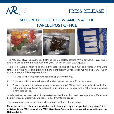 Document preview: Seizure of Illicit substances at the Parcel Post Office (23.08.18) — Document, Mauritius (CERFA n°PressIllicitSubstance)
