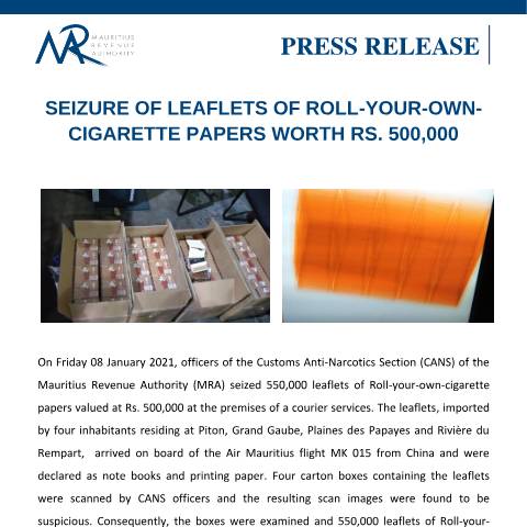 Document preview: Seizure of leaflets of Roll-Your-Own-Cigarette papers worth Rs. 500, 000 (08.01.21) — Document, Mauritius (CERFA n°PressRelease080121)