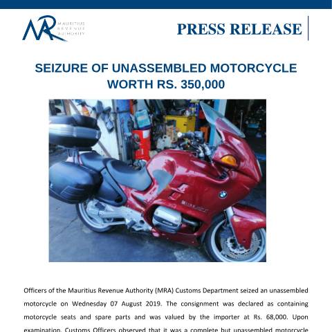 Document preview: Seizure of unassembled motorcycle worth Rs. 350, 000 — Document, Mauritius (CERFA n°SeizureofunassembledmotorcycleworthRs350000)