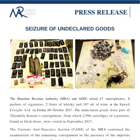 Document preview: Seizure of Undeclared Goods (06.10.17) — Document, Mauritius (CERFA n°Seizure061017)