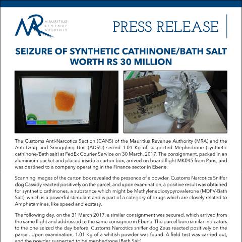 Document preview: Seizure of Synthetic Cathinone/Bath Salt worth Rs 30 million (23.02.18) — Document, Mauritius (CERFA n°Seizure230218)