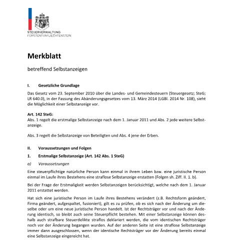 Dokumentvorschau: Selbstanzeige, Merkblatt — Selbstanzeige, Liechtenstein (CERFA n°selbstanzeige-merkblatt)