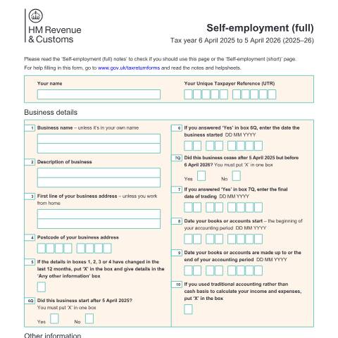 Document preview: Self Assessment: Self-employment (full) (SA103F) — HM Revenue & Customs, United Kingdom