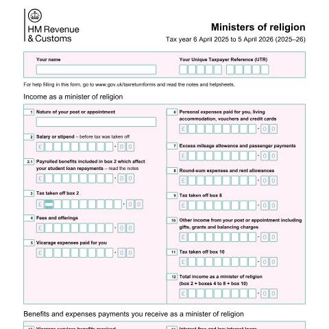 Document preview: Self Assessment: ministers of religion (SA102M) — HM Revenue & Customs, United Kingdom