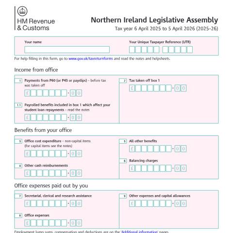 Document preview: Self Assessment: Northern Ireland Legislative Assembly (SA102MLA) — HM Revenue & Customs, United Kingdom